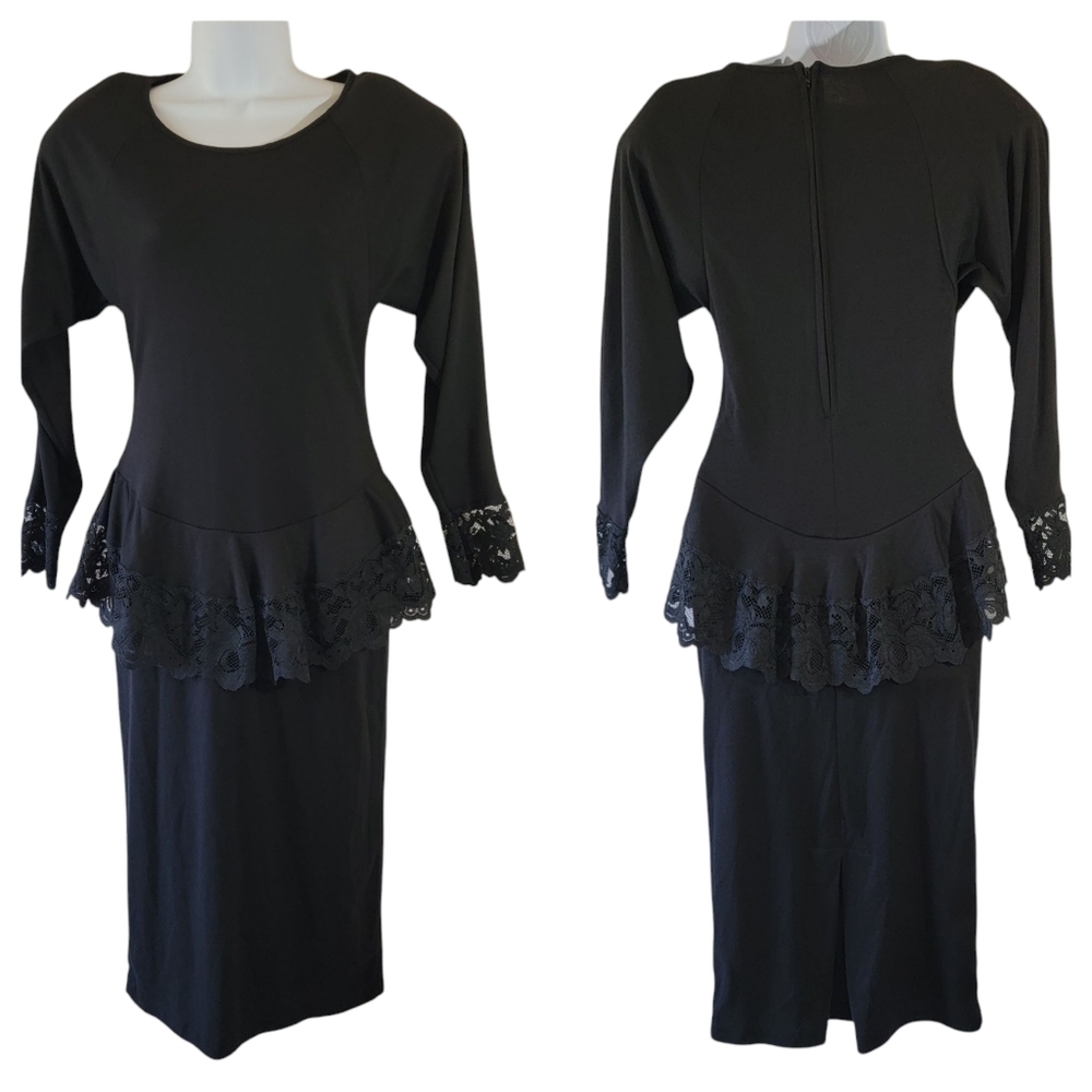 VTG Jon Wesley Black Peplum Bodice LS Midi Dress Sz 10 Fairy Whimsogoth Retro